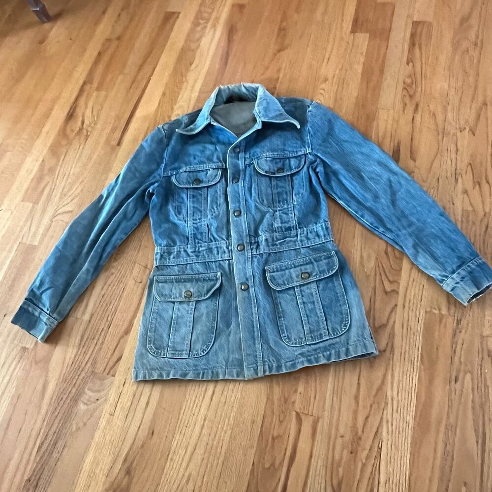 Vintage Lee Denim Jean Coat Size M L Dagger Collar Longline 70s Groovy Retro USA